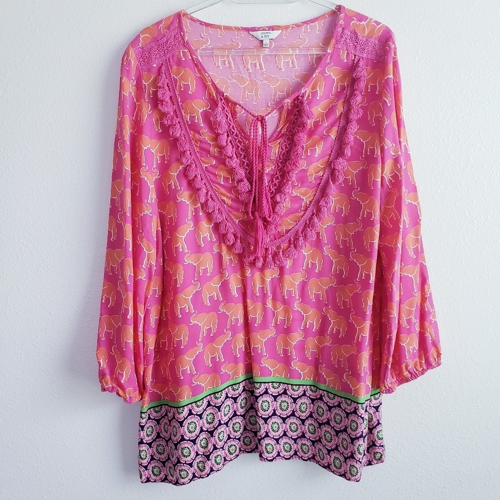 Crown & Ivy Elephant Abstract Bohemian Print 3/4 Sleeve Blouse